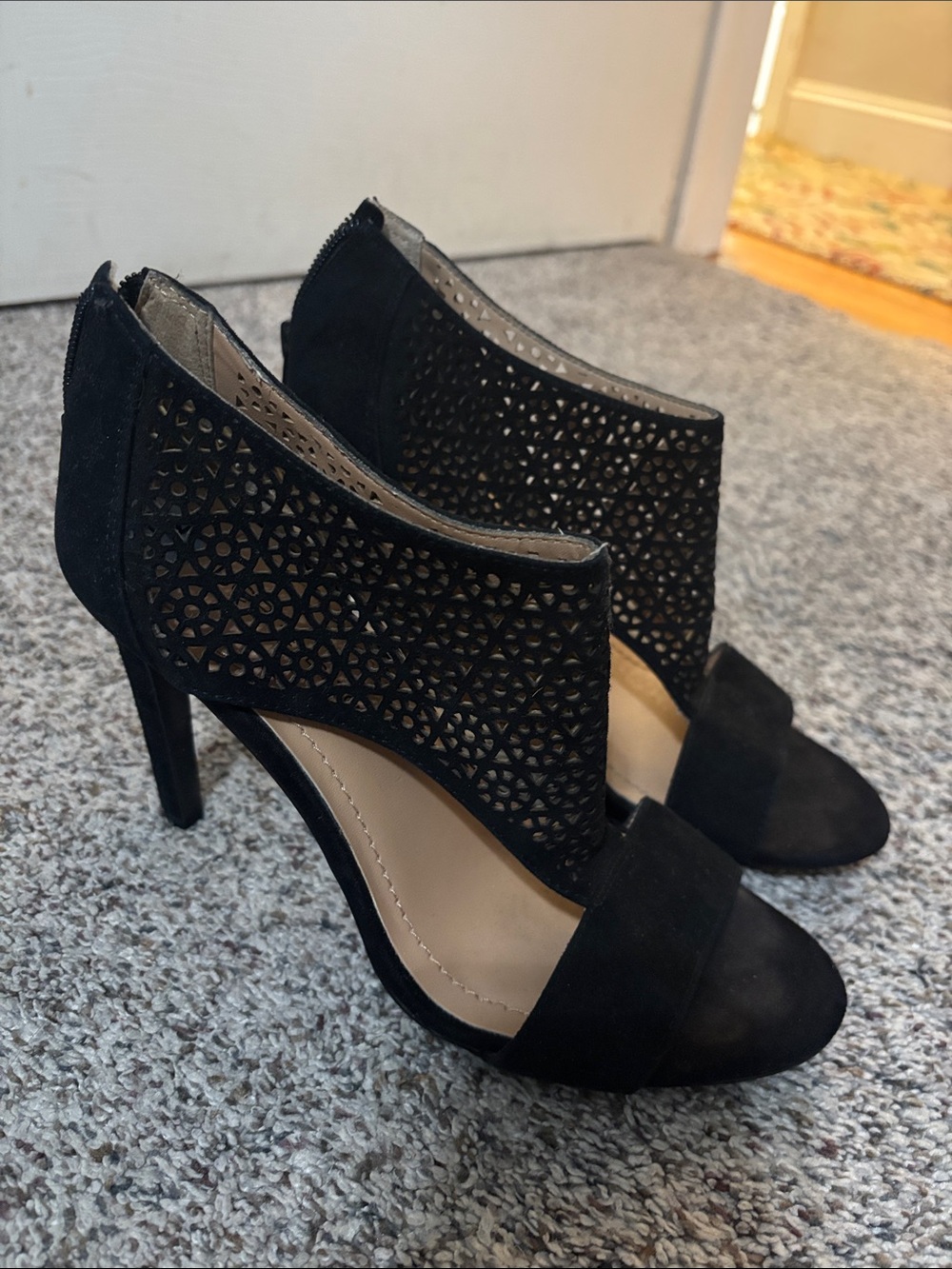 BCBGeneration Black Laser-Cut Suede Peep-Toe Heels